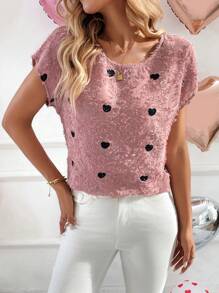 SHEIN LUNE 2025春季新款粉色爱心碎花3D刺绣短袖圆领情人节女上衣情人节爱心