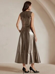 Anewsta Vestido de mujer Anewsta de unicolor con detalles metalizados, bolsillos y cuello en V, conjunto de primavera/verano para mujer, festival