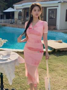 DAZY 1pc Women V-Neck Floral Ruched Mid-Calf Dress - Pink - View 6