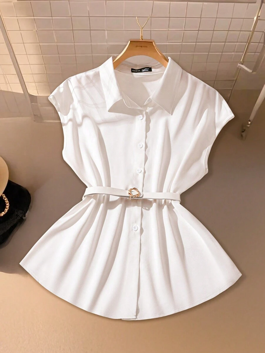 SHEIN Clasi Women Plain Sleeveless Button Front Minimalist Casual Top, For Daily Wear - White - View 1