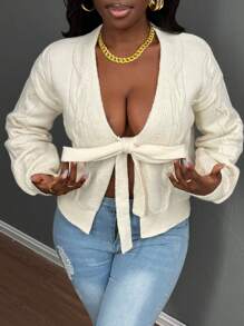 BamGleam 女士纯色前系带长袖衬衫，简约休闲日常穿着 - 杏色 - 查看 3