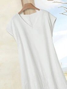 EMERY ROSE Ladies" Embroidery V-Neck Tie And Hollow Out Dress For Summer - White - View 3