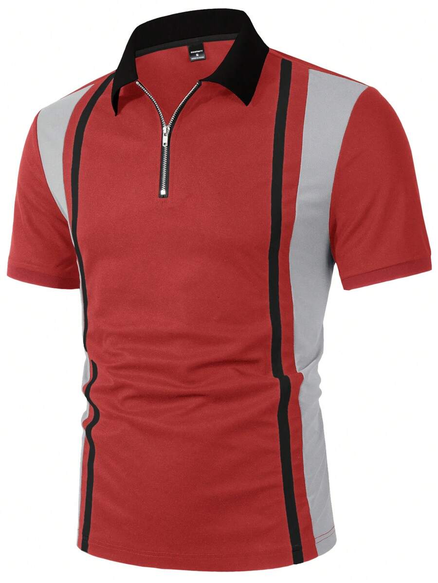 Manfinity Homme Men's Striped Short Sleeve Zip Half Placket Casual Polo Shirt - Multicolor - View 1