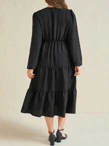 SHEIN Clasi Modest Black & White Contrast Embroidered Elegant Plus Size Long Sleeve Dress, Spring/Summer Women Outfit - Black - View 2