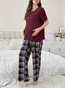 2 Pieces Plain Ribbed Trim Button Decor Short Sleeve Top And Plaid Long Pants Maternity Pajamas Set