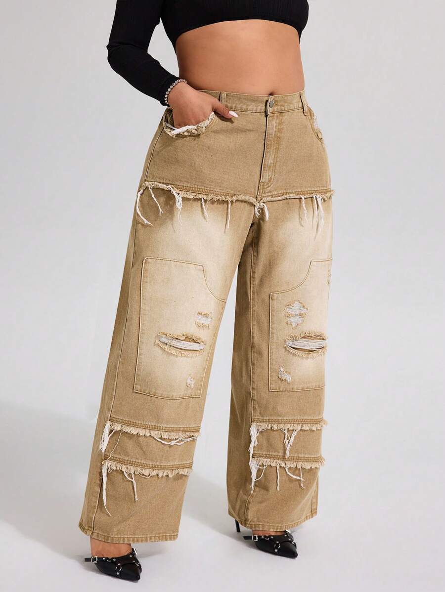 SHEIN EZwear Plus Size Women's Casual Khaki Washed & Stone-Washed Distressed Hem Denim Jeans - Khaki - View 1