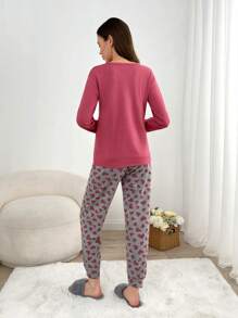 RueChic 2pcs Cotton Heart Embroidery Detail Shirt And Contrast Colour Heart Pattern Sleep Bottom PJ Set - Dusty Pink - View 2