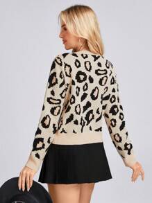 SHEIN LUNE Women Round Collar Front Tie Bow Leopard Print Knit Cardigan, Casual Commute Elegant Outwear, Warm For Autumn/Winter Cheetah Print Sweater - Multicolor - View 6