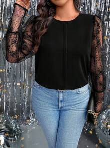 SHEIN Clasi Plus Size Lace Patchwork Black Long Sleeve Top