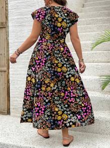 SHEIN Clasi 大码女式波西米亚风花卉印花连衣裙，腰部抽绳，休闲优雅度假装，适合夏季 - 彩色 - 查看 2