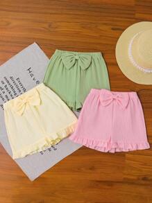 3-Piece Baby Girl Spring/Summer Outdoor Casual Set: Double-Layer Chiffon Pants With Bow Ruffles, Matching Outfit - Multicolor - View 1