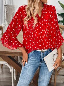 SHEIN Unity Women's Casual Commute Chiffon Printed V-Neck 3/4 Ruffle Sleeve Pullover Blouse - Multicolor - View 4