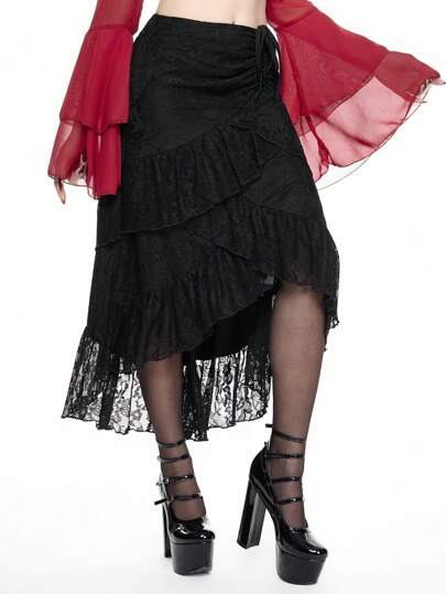 Falda con bajo asimétrico negro para el Día de San Valentín, falda de mujer con encaje, volantes y cordón elástico, atuendos de verano para mujer