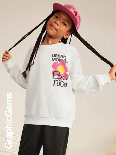2pcs Tween Girls Slogan & Floral Graphic Crew Neck Long Sleeve Sweatshirt & Pants Casual Outfit Set