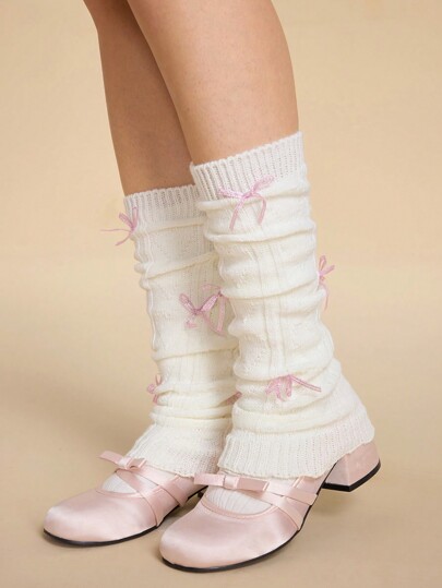 Kawaii 1 Paar Damen Vanilla Girl Thema Pink Glitzer Schleifen Ballett Weiße Rollkanten Herz Beinwärmer, Ganzjährig