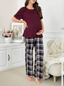 2 Pieces Plain Ribbed Trim Button Decor Short Sleeve Top And Plaid Long Pants Maternity Pajamas Set