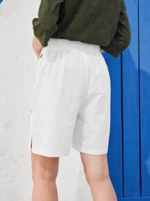 EMERY ROSE Women's Casual Country Style Button Linen Shorts, Summer - White - View 2