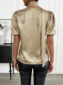 Chiquease Women Solid Color Metallic Puff Sleeve Chiffon Blouse, Gold Top - Gold - View 2