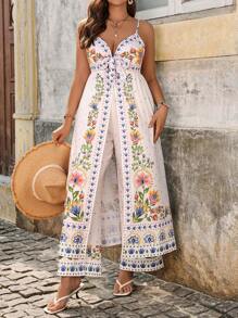 Breezaya Plus Size Vacation-Style Graphic Print Camisole And Elastic Waist Pants 2 Pieces Set