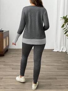 EMERY ROSE Plus Size Stripe Stitching Round Neck Long Sleeve Top & Pants 2pcs Set, Minimalist - Multicolor - View 2