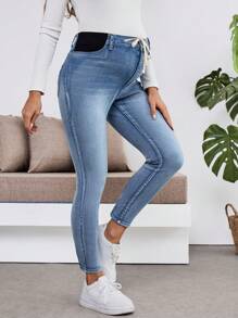 SHEIN Maternity Adjustable Drawstring Waist Blue Denim Skinny Stretchy 3/4 Leggings - Blue - View 1