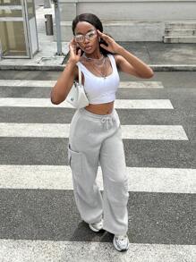 SHEIN Quần dài ống đứng rộng rãi màu trơn cho bé gái tuổi teen, Quần dài thể thao thường ngày dạo phố, Quay lại trường học - Xám - Xem 3