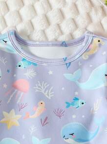 SHEIN Conjunto de pijama de 3 piezas para bebé niña, incluye blusa de manga larga con estampado de delfín y rayas + pantalón legging con estampado de delfín, ajuste ceñido - Multicolor - Ver 7