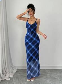 Chiquease Women's Elegant Mesh Plaid V-Neck Bodycon Mini Dress - Blue - View 6