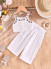 SHEIN Babygirl Summer Vacation Floral Print Camisole And Elastic Waist Pants Set - White - View 1