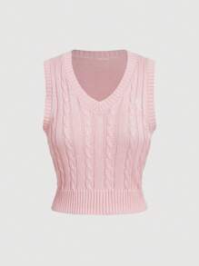 SHEIN MOD Women's Casual Pink Cable Knit V-Neck Letter Graphic Sweater Vest, Autumn/Winter - Pink - View 1