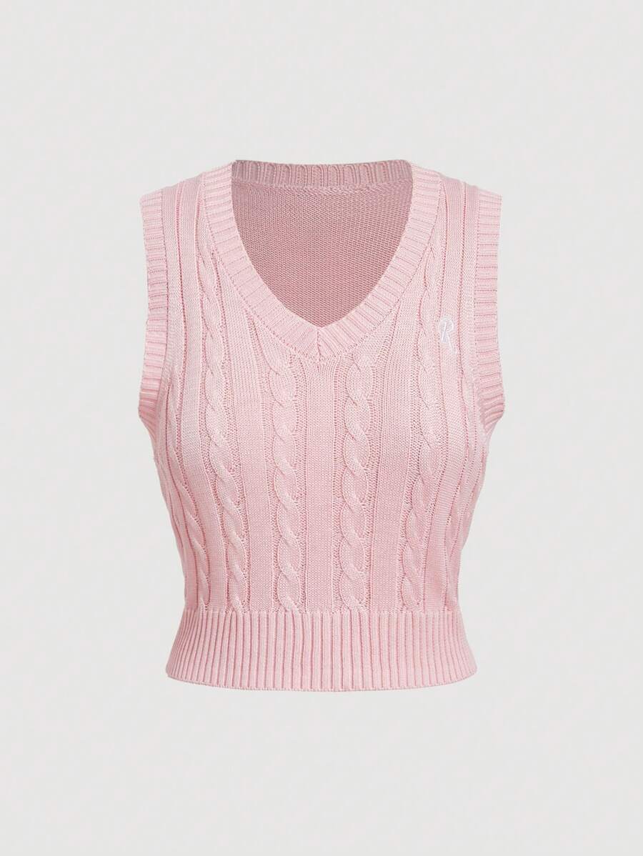 SHEIN MOD Women's Casual Pink Cable Knit V-Neck Letter Graphic Sweater Vest, Autumn/Winter - Pink - View 1