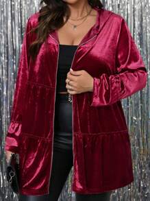 SHEIN LUNE Abrigo con capucha, cierre de cremallera, dobladillo con volantes y manga larga de unicolor para mujeres talla grande, nuevo para Acción de Gracias y Año Nuevo - Negro - Ver 3