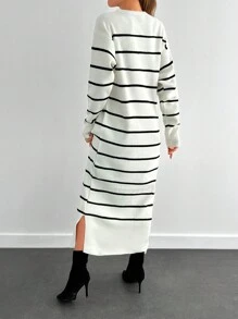 EURMUSE Women Striped Round Neck Dropped Shoulder Long Sleeve Casual Sweater Dress, Autumn/Winter - White - View 2