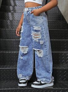 Tween Girls Y2K Style Loose Fit Distressed Washed Wide Leg Jeans, Versatile For Casual City Walk, School, Campus, College