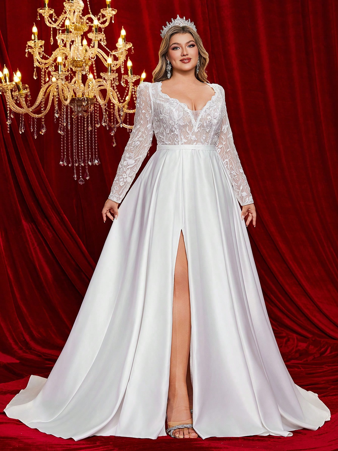 فستان زفاف أنيق وفخم ذو رقبة على شكل حرف V طويل ال...