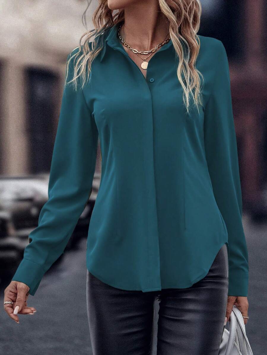 EMERY ROSE Women's Solid Color Long Sleeve Single-Breasted Casual Shirt, Autumn Fall Cloth For Women - Teal Blue - View 1