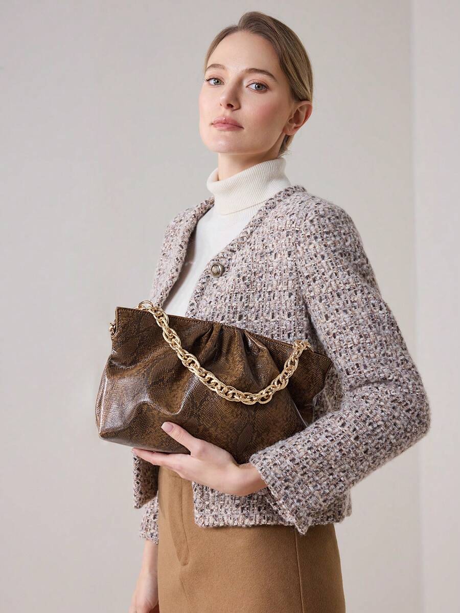 MOTF PREMIUM WOMEN SNAKE SKIN EMBOSSED RUCHED CHAIN CLUTCH - Brown - View 1
