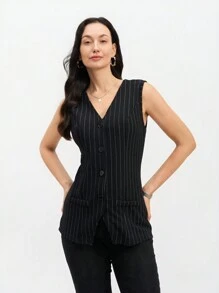 EMERY ROSE Women's Black Base Striped Print Fitted Vest Jacket, Casual Daily Wear, Spring/Summer - Multicolor - View 4