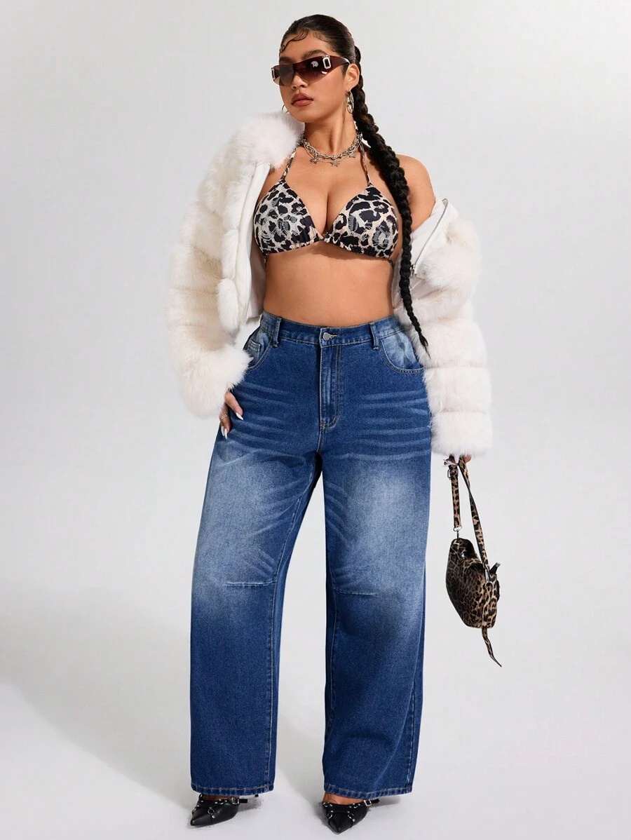 SHEIN ICON Jeans elásticos de denim azul desgastado de corte skinny para mujer de talla grande