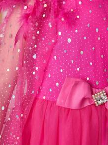 SHEIN 年轻女孩优雅迷人的多层闪光网眼披肩和网眼连衣裙 - 玫紅色 - 查看 4