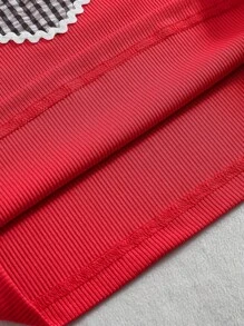 Tween Girl Fashionable Ruffle Sleeve Top And Plaid Skirt 2pcs Set Summer Holiday - Burgundy - View 5