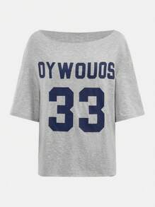 SHEIN 少女休闲字母印花不对称领口宽松短袖 T 恤，夏季 - 灰色 - 查看 4