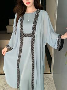 DAZY 2pcs/Set Women's Print Satin Kimono Robe Sets, Spring & Summer - Blue - View 5