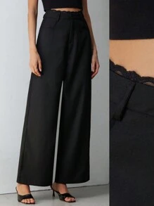 Aveloria Modichic 黑色腰带撞色蕾丝高端设计显瘦宽松女士阔腿裤 - 黑色 - 查看 2