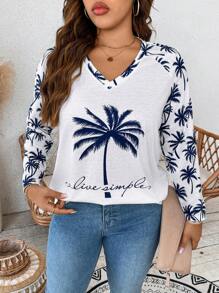 Breezaya Camiseta holgada de manga larga con estampado de palmeras y cuello en V para talla grande, vestido de enfriamiento, conjunto de alivio del estrés, vestido de noche, lencería elegante para mujer
