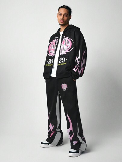 Street Life رياضية تضم هوديي بسحاب أمامي متسع مع طباعة حرف وبنطلون رياضي واسع الجزء السفلي، طراز الشارع