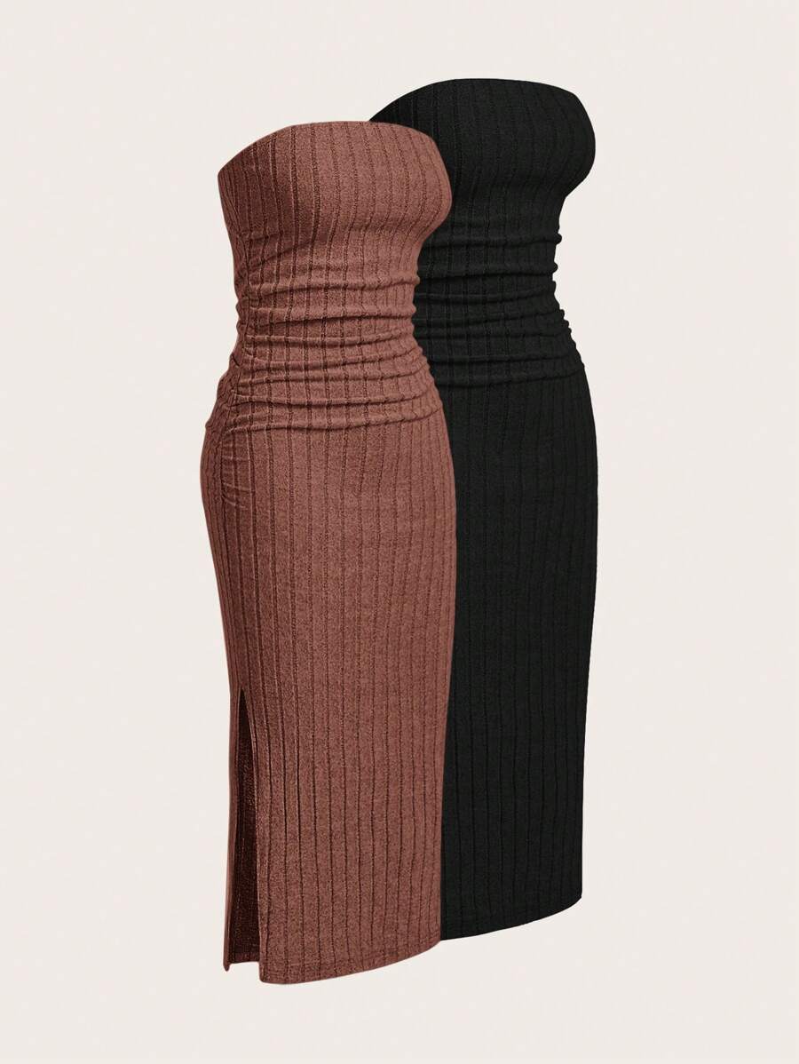 SHEIN EZwear 2pcs/Set Velvet Ribbed Bandeau Dress - Brown - View 1