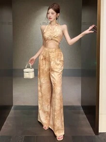 DAZY Floral Print Twist Front Top & Wide Leg Pants 2 Pieces Set For Women