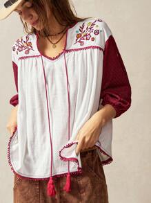 Bohemela Boho Tropical Vacation Woman Clothes Women Plain Color Patchwork Floral Embroidered Long Sleeve Casual Shirt