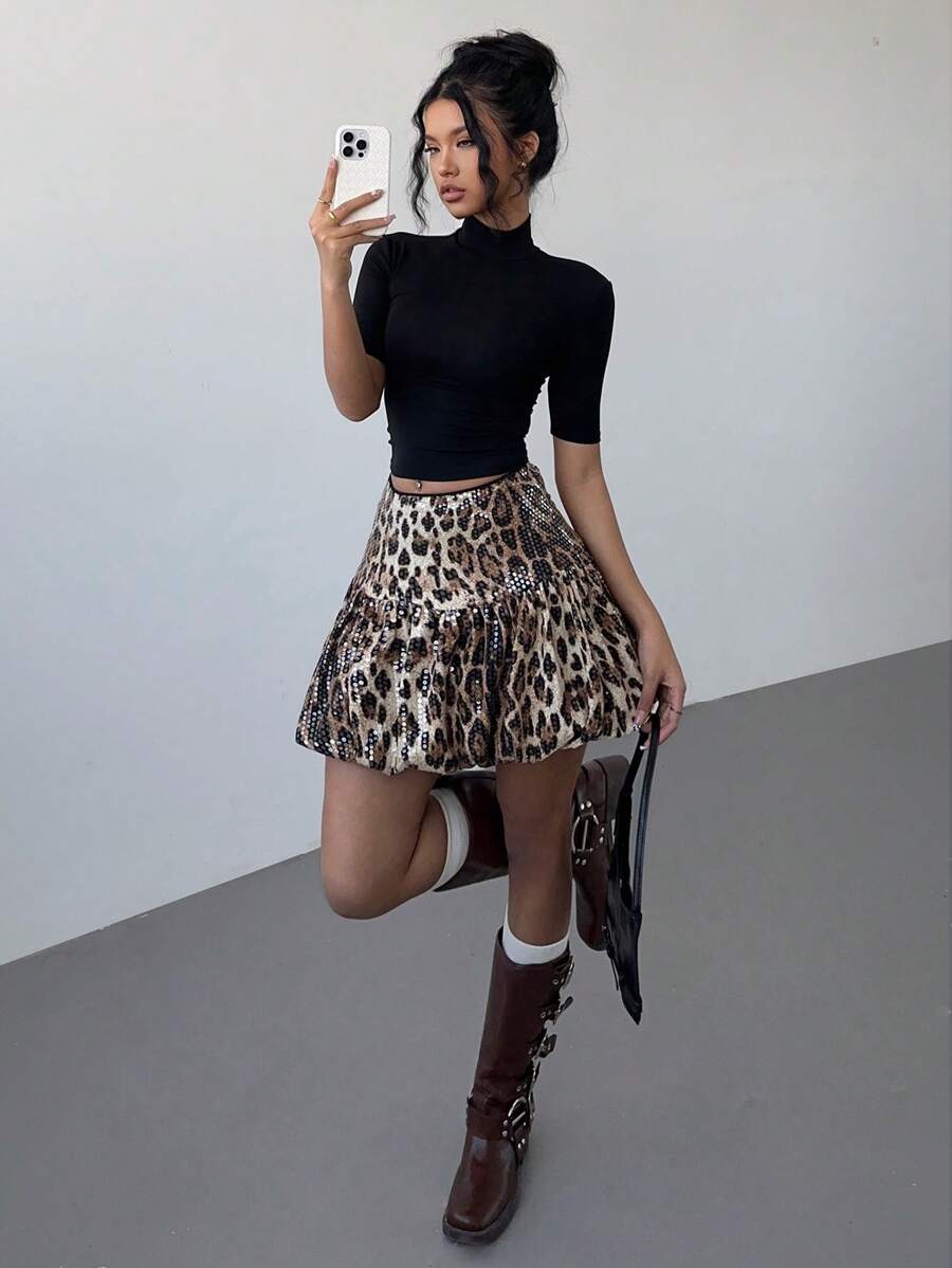 SHEIN Essnce Party Season Leopard Print Sequin Bud Skirt For Women Y2K Clothing For Women Autumn And Winter Maillard Outfits - Brown - View 1